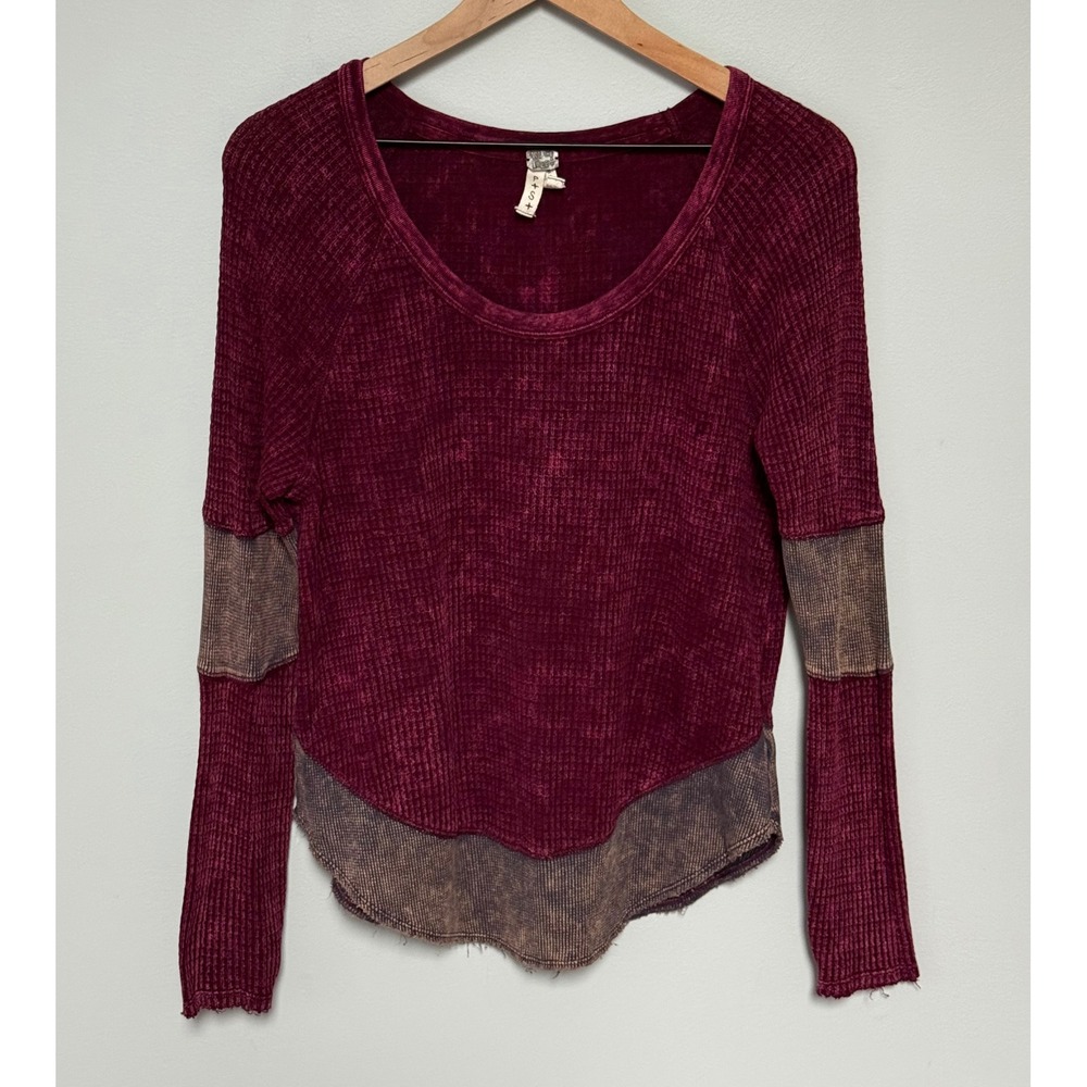 We The Free Free People Burgundy Waffle Knit Thermal Top Acid Wash Size Small